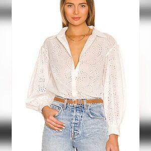 Nili Lotan Andree Ivory Cotton Eyelet Button Down, Long Puffed Sleeve Top Small